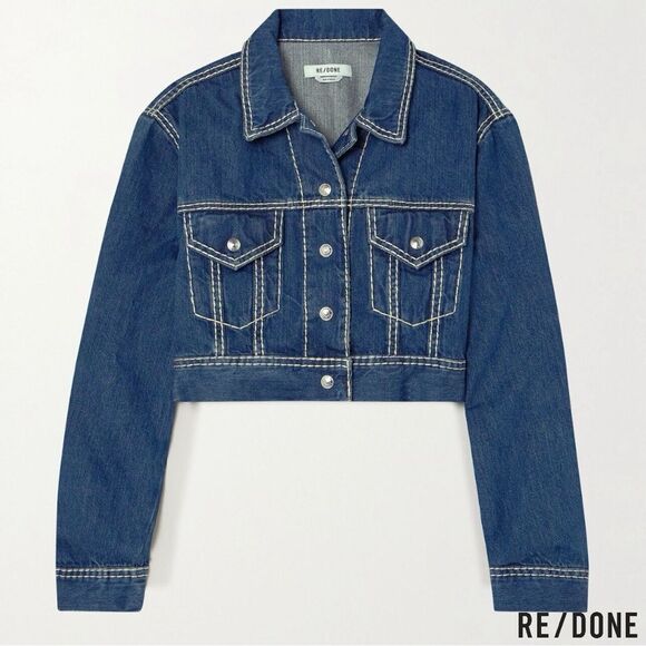 RE/ DONE **NWT** Cropped Chunky Stitch 'Trucker' Indigo Denim Jacket - Picture 12 of 16